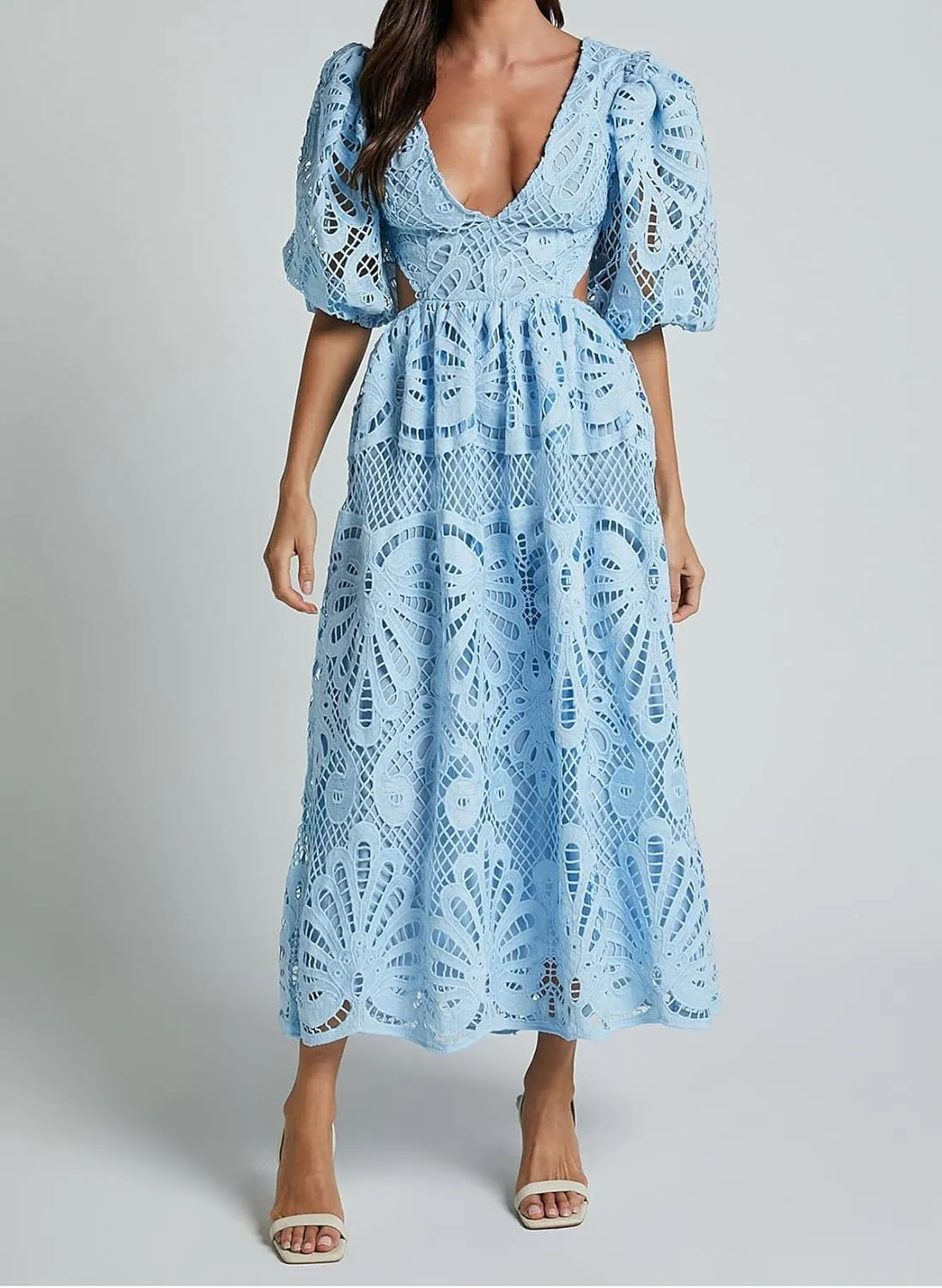 Melliflo Womens Summer Hollow Out Maxi Dress V Neck Puff Sleeve Cut Out Waist Long Dress Casual Beach Boho Sundress