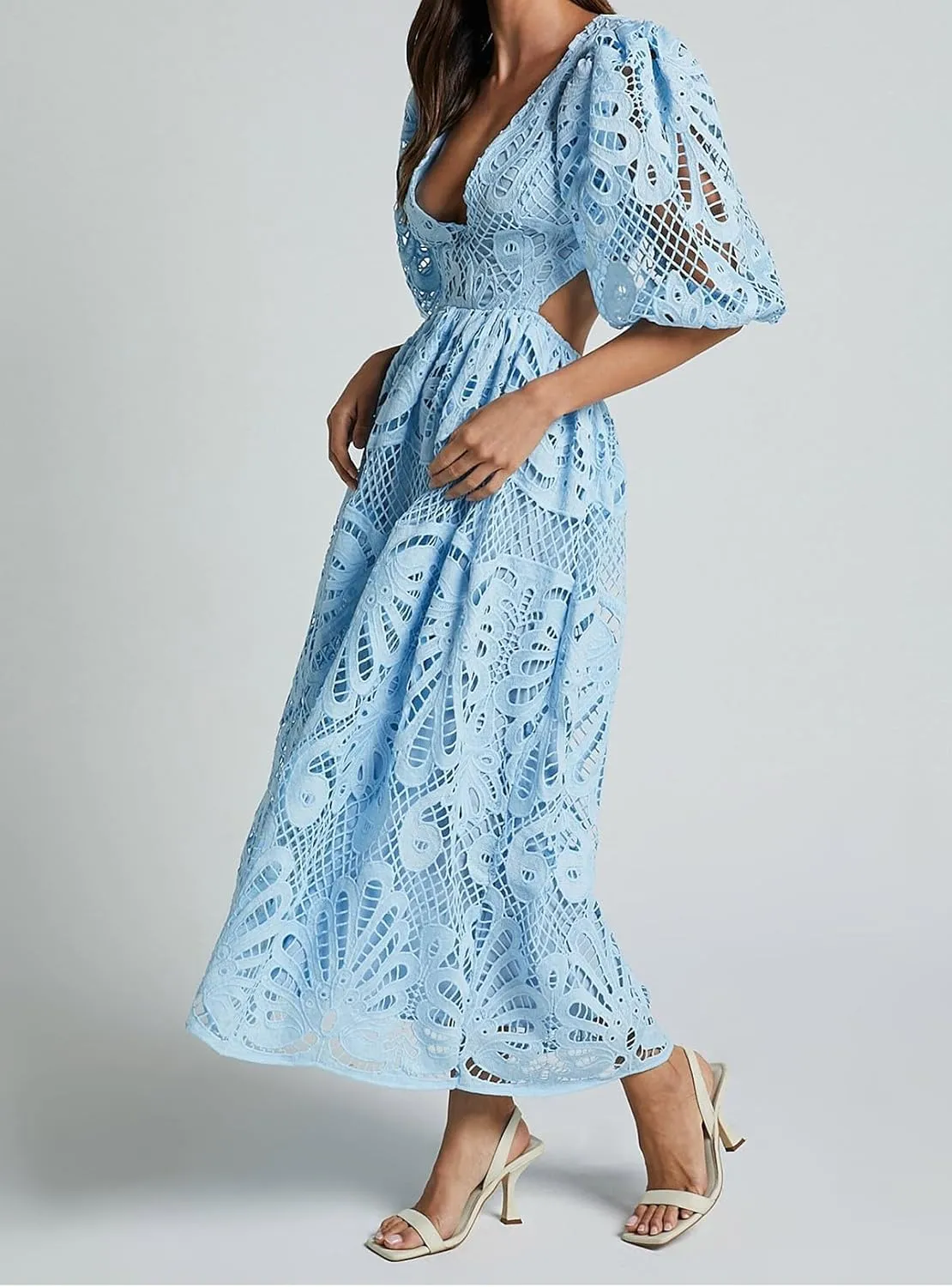 Melliflo Womens Summer Hollow Out Maxi Dress V Neck Puff Sleeve Cut Out Waist Long Dress Casual Beach Boho Sundress
