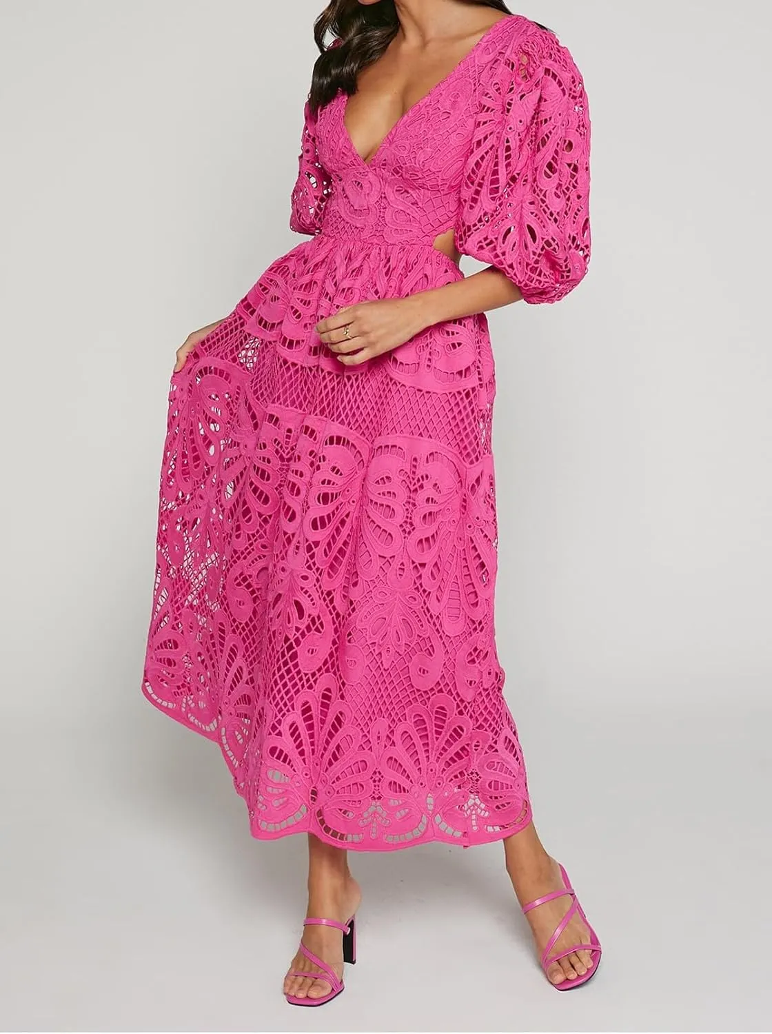 Melliflo Womens Summer Hollow Out Maxi Dress V Neck Puff Sleeve Cut Out Waist Long Dress Casual Beach Boho Sundress