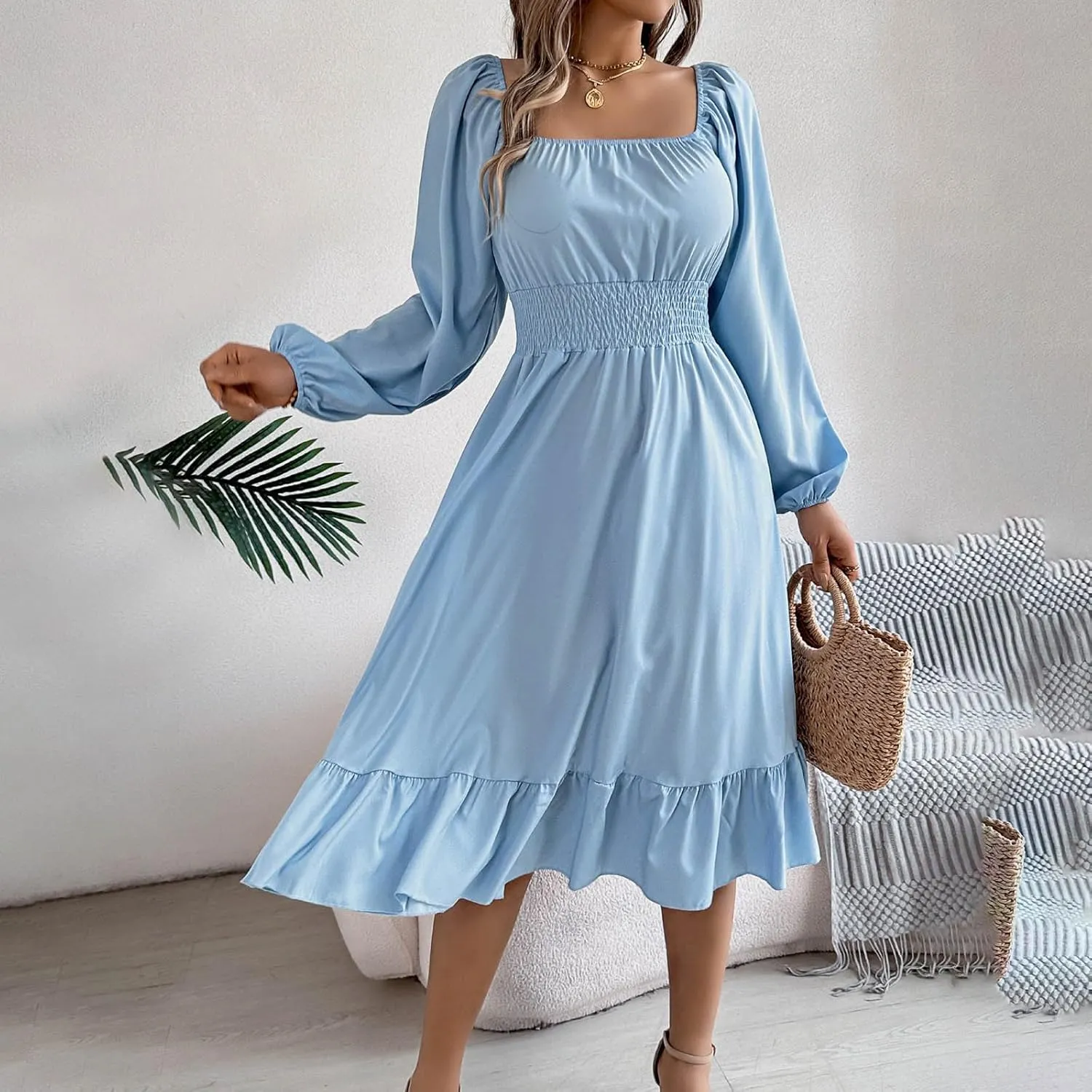 Midi Dresses for Women 2025 Casual Long Sleeve Square Neck Knee Length Ruffle Boho Dress Comfy Vacation Sundress