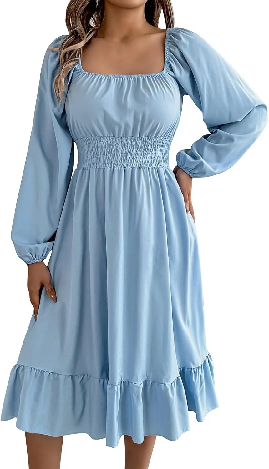 Midi Dresses for Women 2025 Casual Long Sleeve Square Neck Knee Length Ruffle Boho Dress Comfy Vacation Sundress