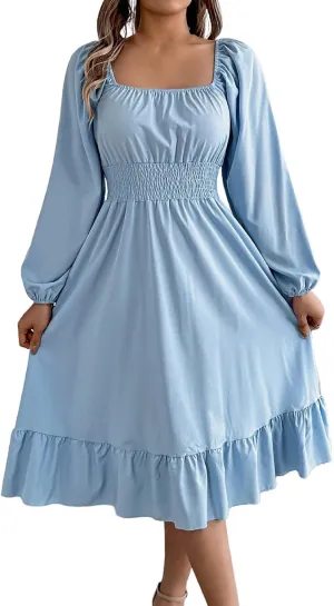 Midi Dresses for Women 2025 Casual Long Sleeve Square Neck Knee Length Ruffle Boho Dress Comfy Vacation Sundress