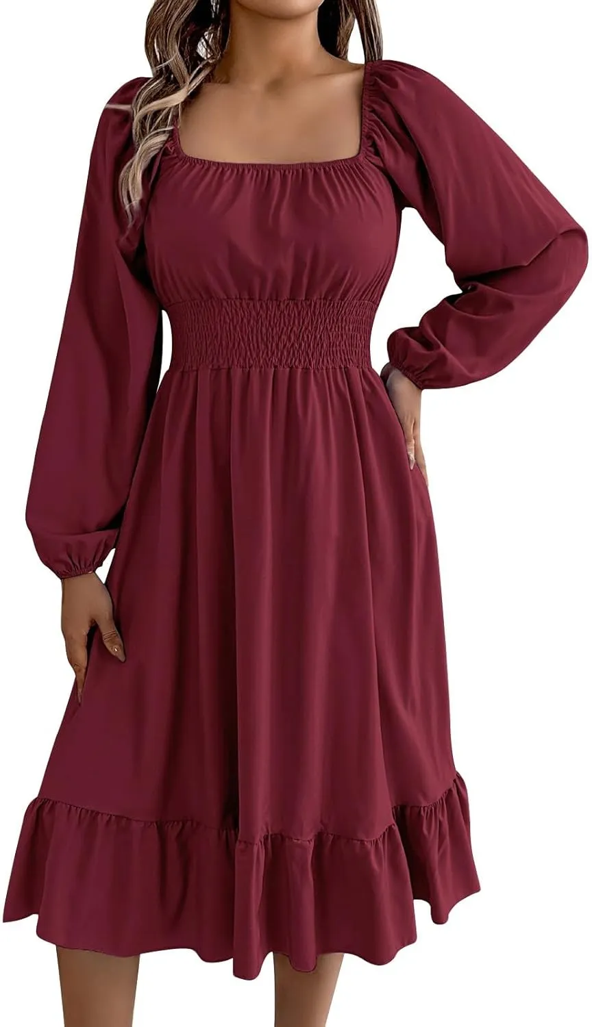Midi Dresses for Women 2025 Casual Long Sleeve Square Neck Knee Length Ruffle Boho Dress Comfy Vacation Sundress