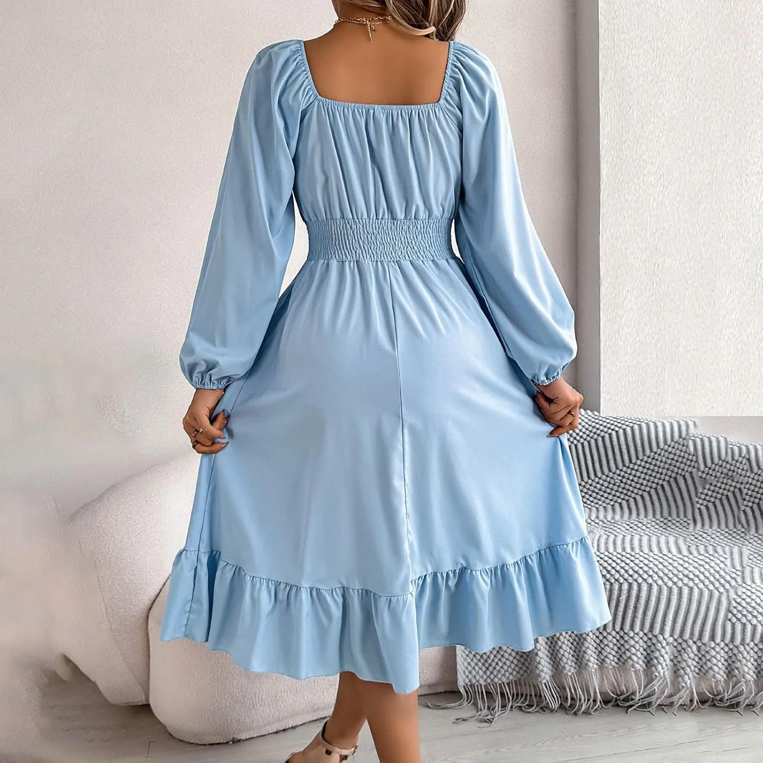Midi Dresses for Women 2025 Casual Long Sleeve Square Neck Knee Length Ruffle Boho Dress Comfy Vacation Sundress