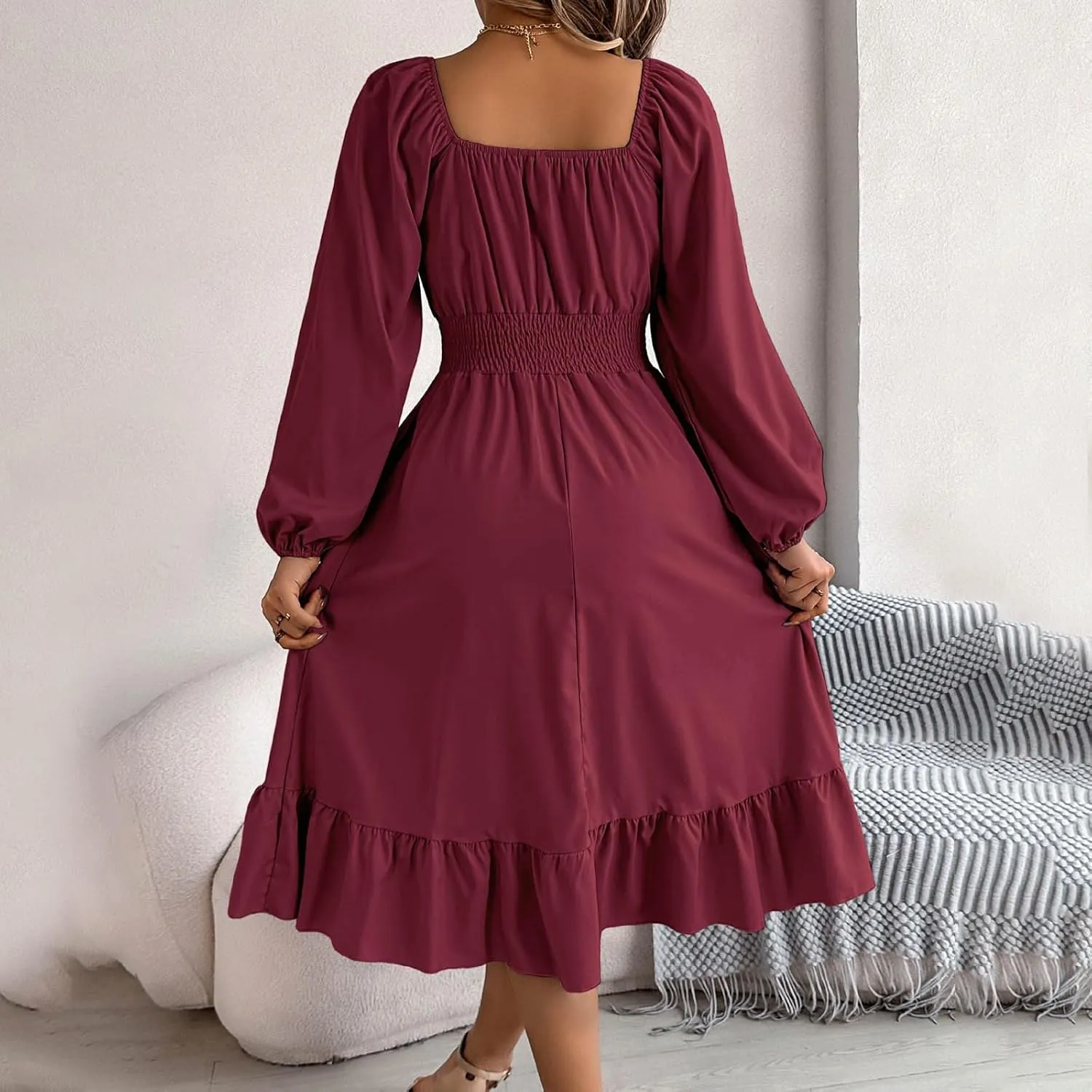 Midi Dresses for Women 2025 Casual Long Sleeve Square Neck Knee Length Ruffle Boho Dress Comfy Vacation Sundress