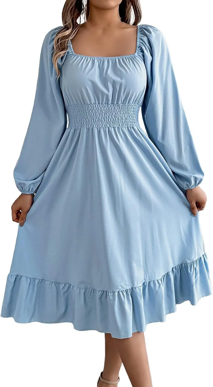 Midi Dresses for Women 2025 Casual Long Sleeve Square Neck Knee Length Ruffle Boho Dress Comfy Vacation Sundress