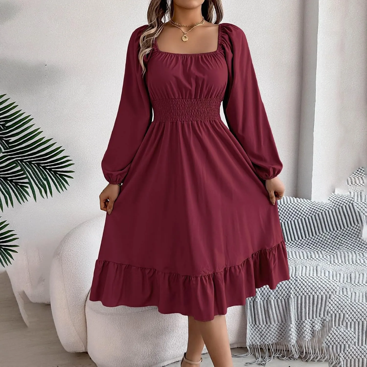 Midi Dresses for Women 2025 Casual Long Sleeve Square Neck Knee Length Ruffle Boho Dress Comfy Vacation Sundress