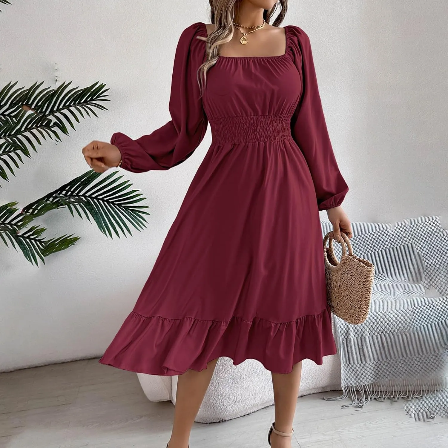Midi Dresses for Women 2025 Casual Long Sleeve Square Neck Knee Length Ruffle Boho Dress Comfy Vacation Sundress