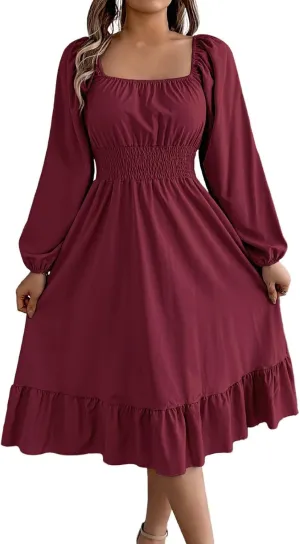 Midi Dresses for Women 2025 Casual Long Sleeve Square Neck Knee Length Ruffle Boho Dress Comfy Vacation Sundress