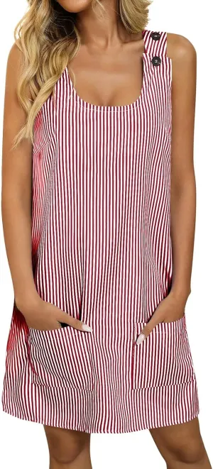 Midi Dresses for Women Casual Striped Sleeveless U Neck Knee Length Summer Dress Comfy Beach Sundress with Pockets