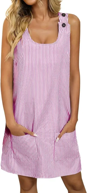 Midi Dresses for Women Casual Striped Sleeveless U Neck Knee Length Summer Dress Comfy Beach Sundress with Pockets