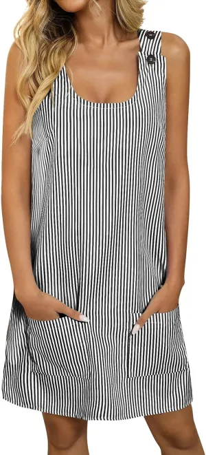 Midi Dresses for Women Casual Striped Sleeveless U Neck Knee Length Summer Dress Comfy Beach Sundress with Pockets