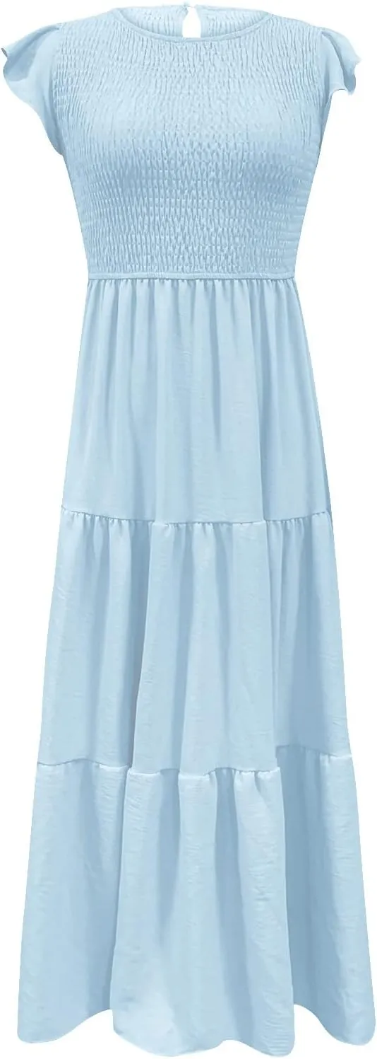 Midi Dresses for Women High Waited Tiered Dress Ruffle Sleeve Sun Dresses Flowy Going Out Dress 2023 Summer Clothes