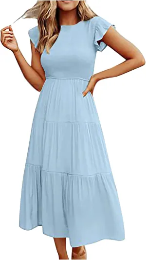 Midi Dresses for Women High Waited Tiered Dress Ruffle Sleeve Sun Dresses Flowy Going Out Dress 2023 Summer Clothes