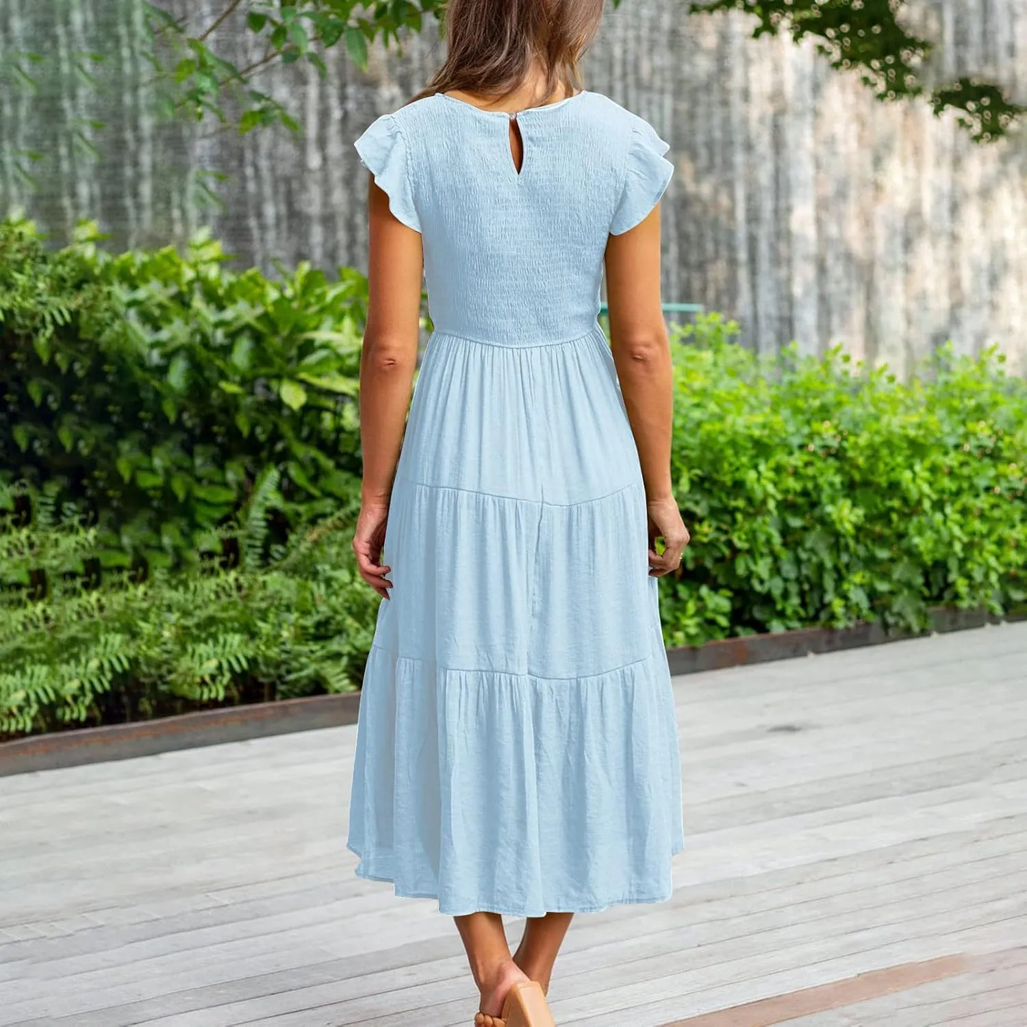 Midi Dresses for Women High Waited Tiered Dress Ruffle Sleeve Sun Dresses Flowy Going Out Dress 2023 Summer Clothes