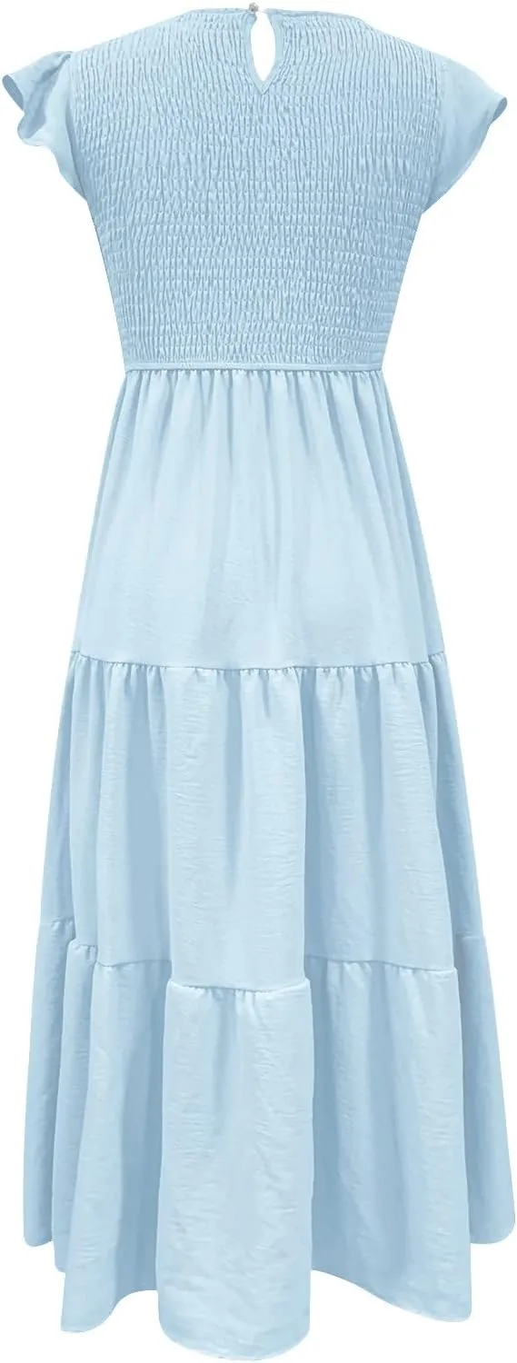 Midi Dresses for Women High Waited Tiered Dress Ruffle Sleeve Sun Dresses Flowy Going Out Dress 2023 Summer Clothes