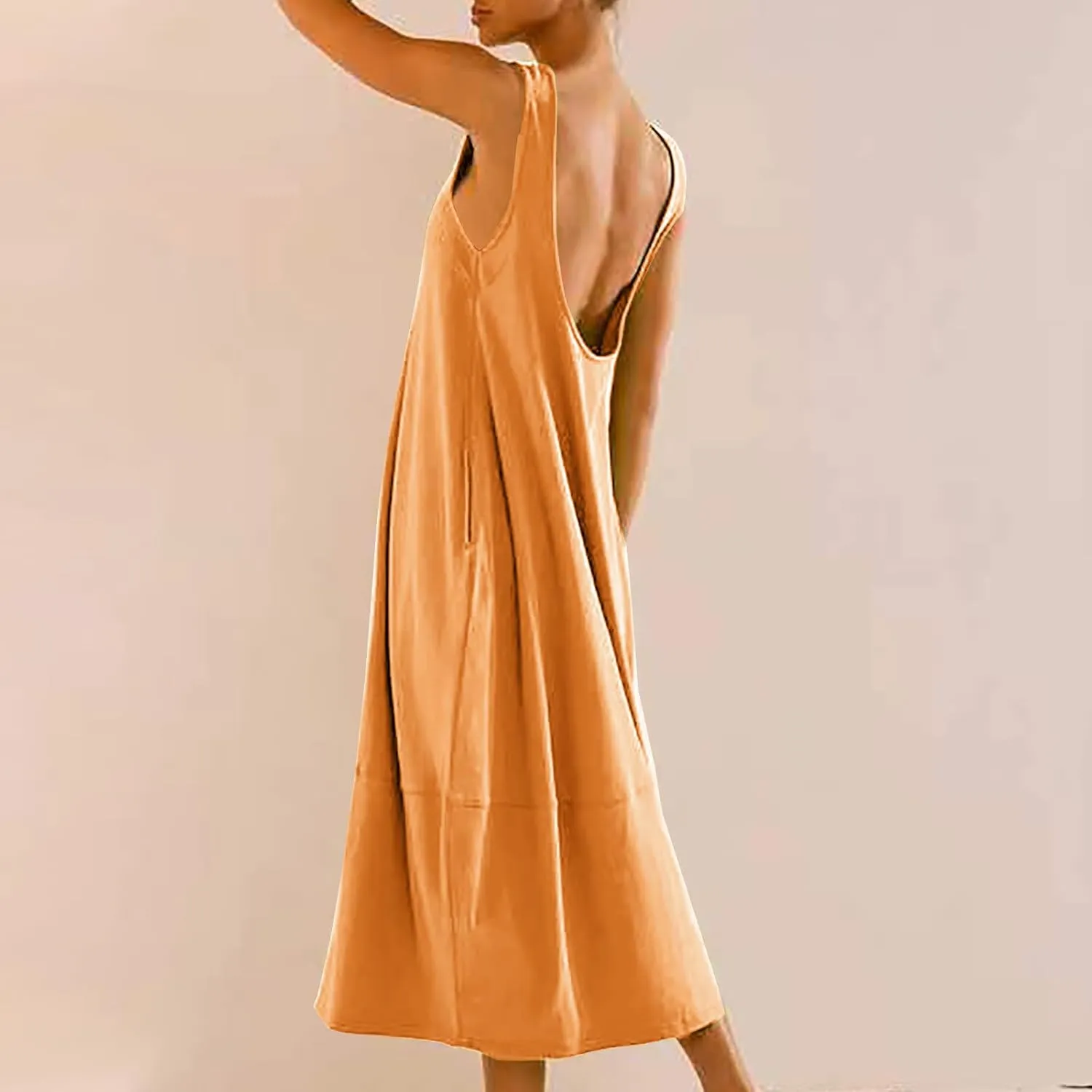 Midi Tank Dress with Pockets for Women Loose Scoop Neck Sleeveless Low Back Tshirt Dress Summer Casual Beach Sundresses