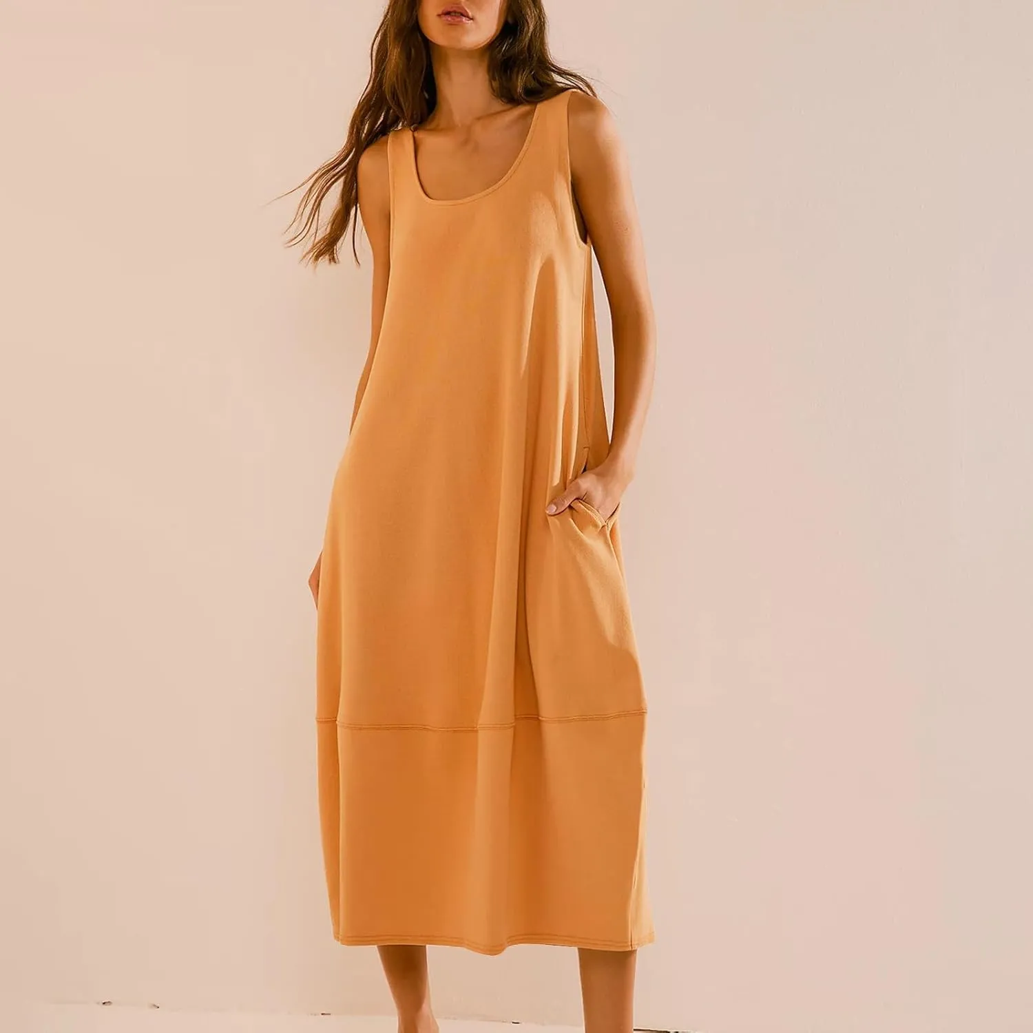 Midi Tank Dress with Pockets for Women Loose Scoop Neck Sleeveless Low Back Tshirt Dress Summer Casual Beach Sundresses