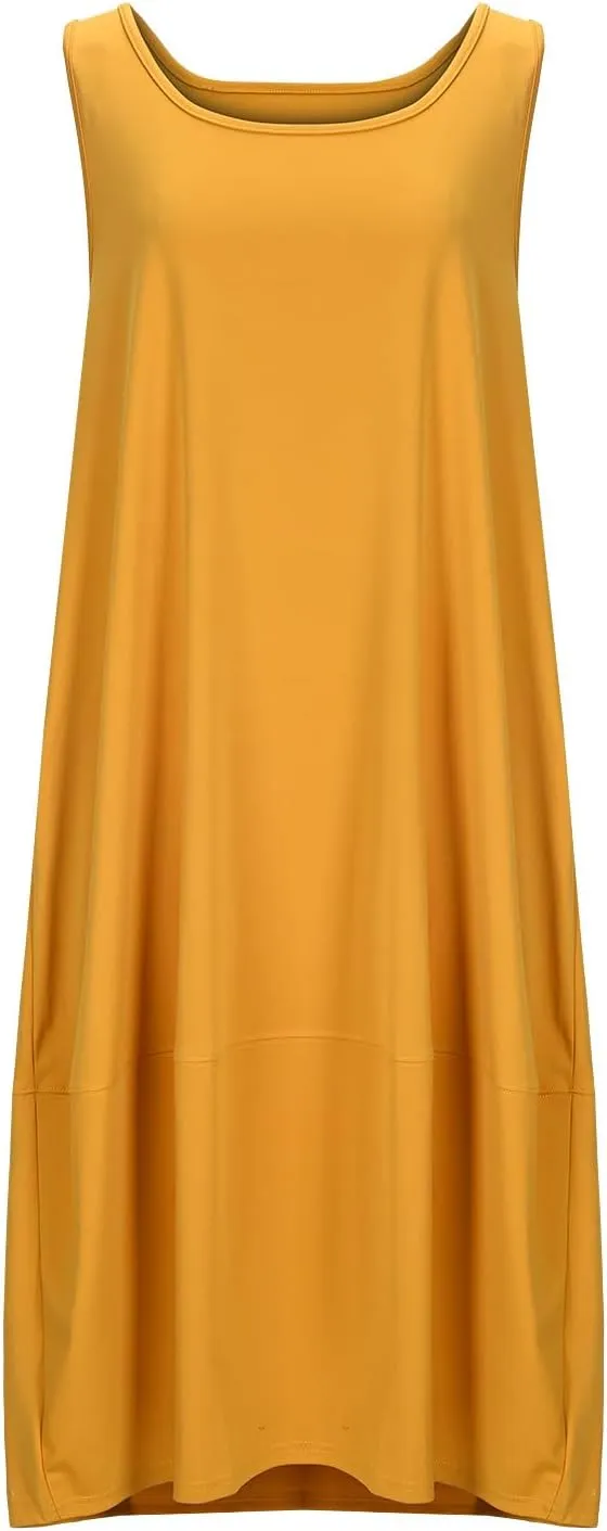 Midi Tank Dress with Pockets for Women Loose Scoop Neck Sleeveless Low Back Tshirt Dress Summer Casual Beach Sundresses