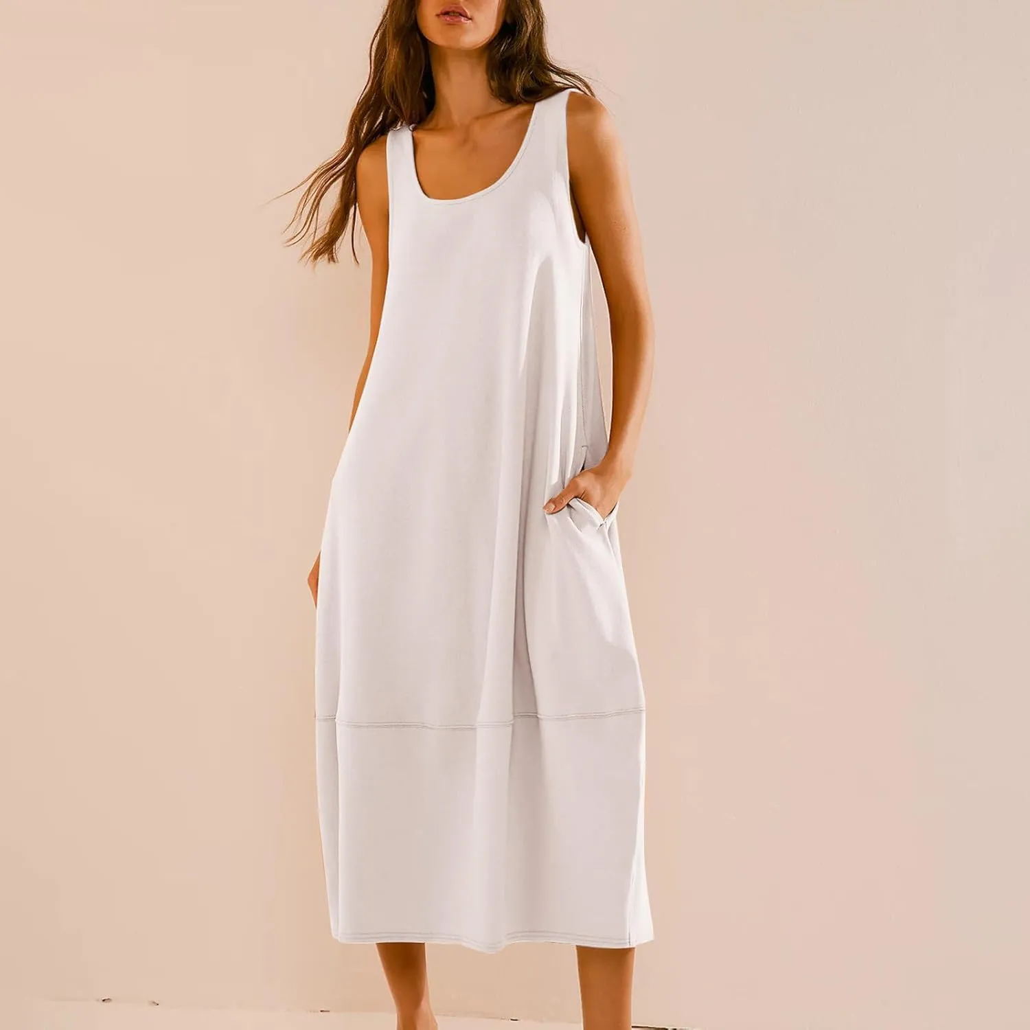 Midi Tank Dress with Pockets for Women Loose Scoop Neck Sleeveless Low Back Tshirt Dress Summer Casual Beach Sundresses