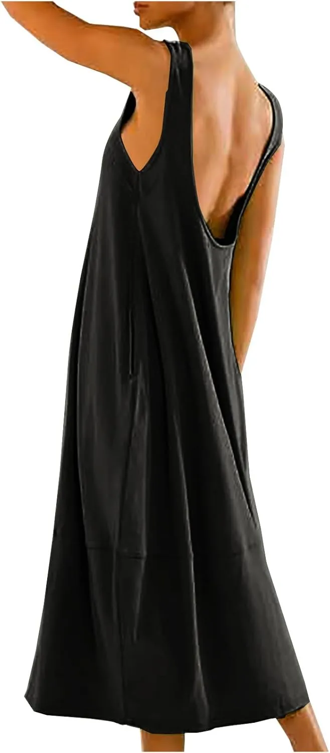 Midi Tank Dress with Pockets for Women Loose Scoop Neck Sleeveless Low Back Tshirt Dress Summer Casual Beach Sundresses