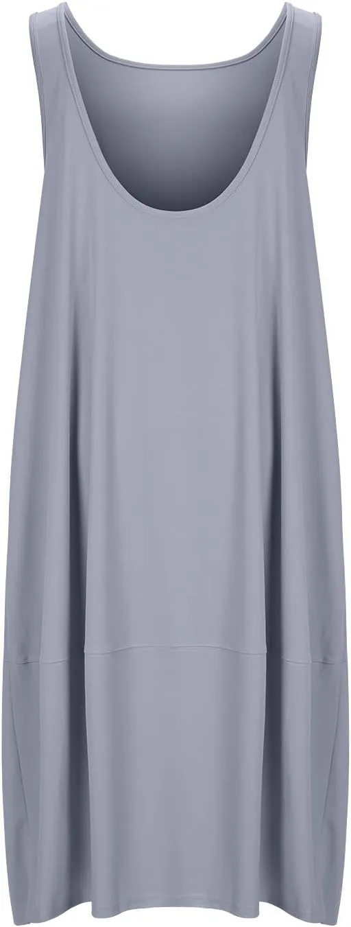 Midi Tank Dress with Pockets for Women Loose Scoop Neck Sleeveless Low Back Tshirt Dress Summer Casual Beach Sundresses