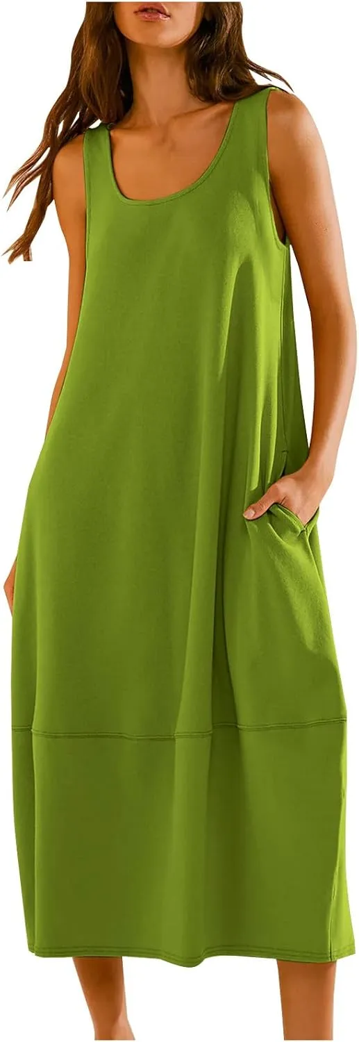 Midi Tank Dress with Pockets for Women Loose Scoop Neck Sleeveless Low Back Tshirt Dress Summer Casual Beach Sundresses
