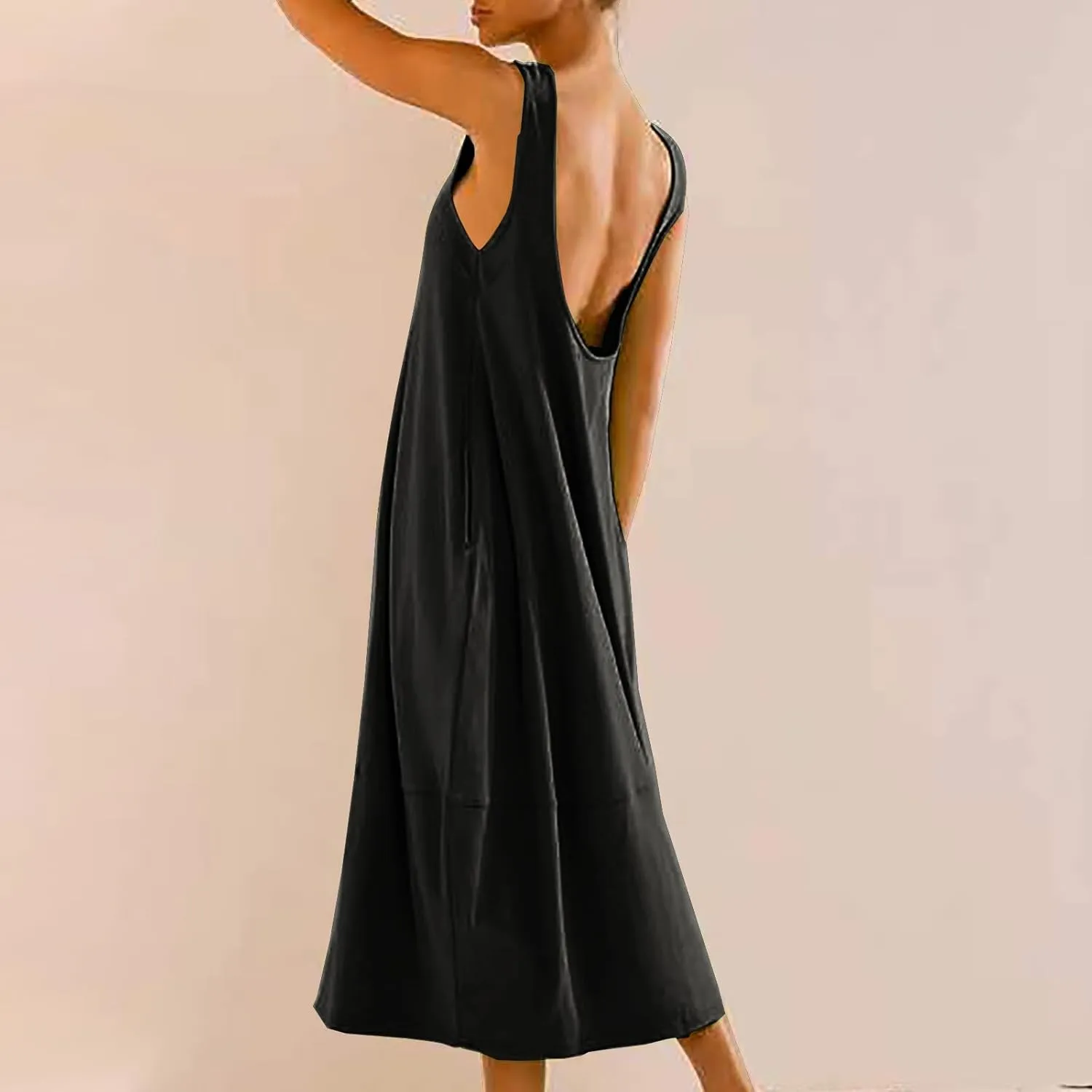 Midi Tank Dress with Pockets for Women Loose Scoop Neck Sleeveless Low Back Tshirt Dress Summer Casual Beach Sundresses