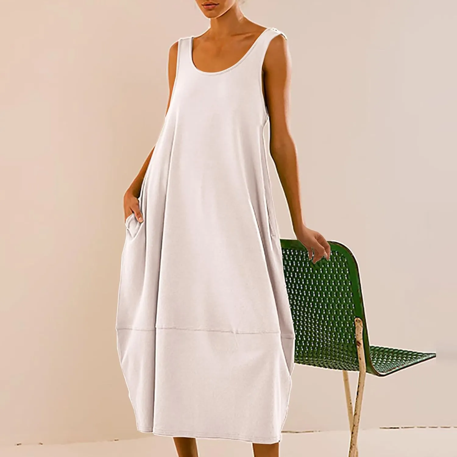 Midi Tank Dress with Pockets for Women Loose Scoop Neck Sleeveless Low Back Tshirt Dress Summer Casual Beach Sundresses