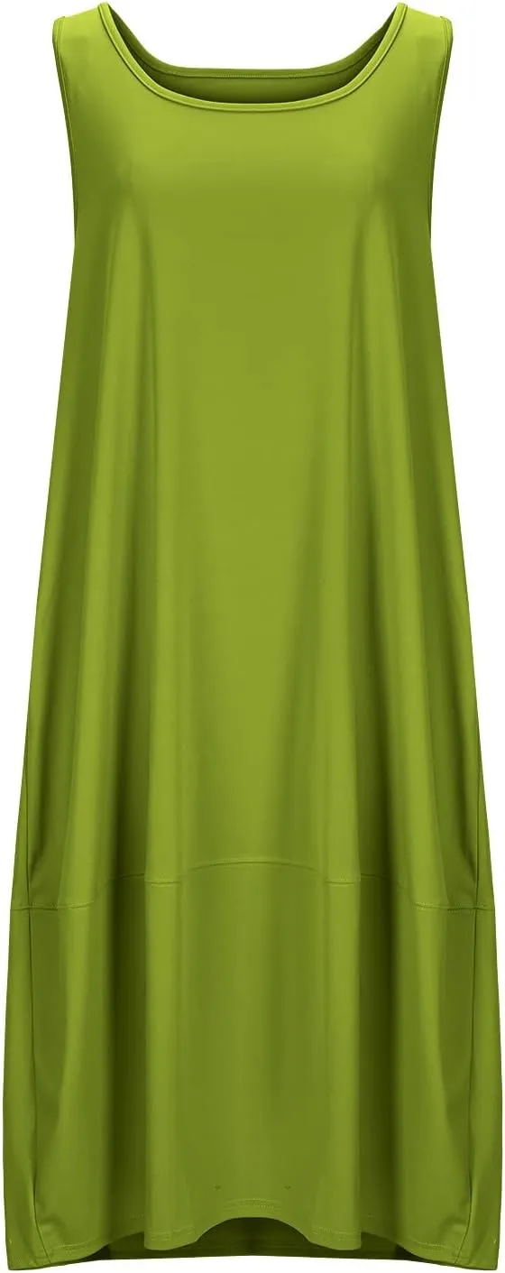 Midi Tank Dress with Pockets for Women Loose Scoop Neck Sleeveless Low Back Tshirt Dress Summer Casual Beach Sundresses