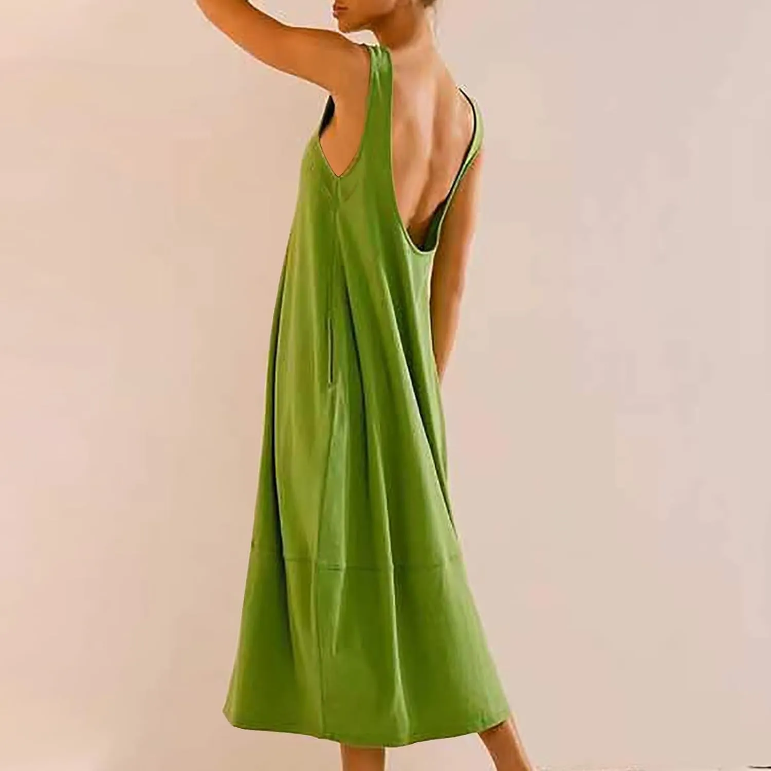 Midi Tank Dress with Pockets for Women Loose Scoop Neck Sleeveless Low Back Tshirt Dress Summer Casual Beach Sundresses