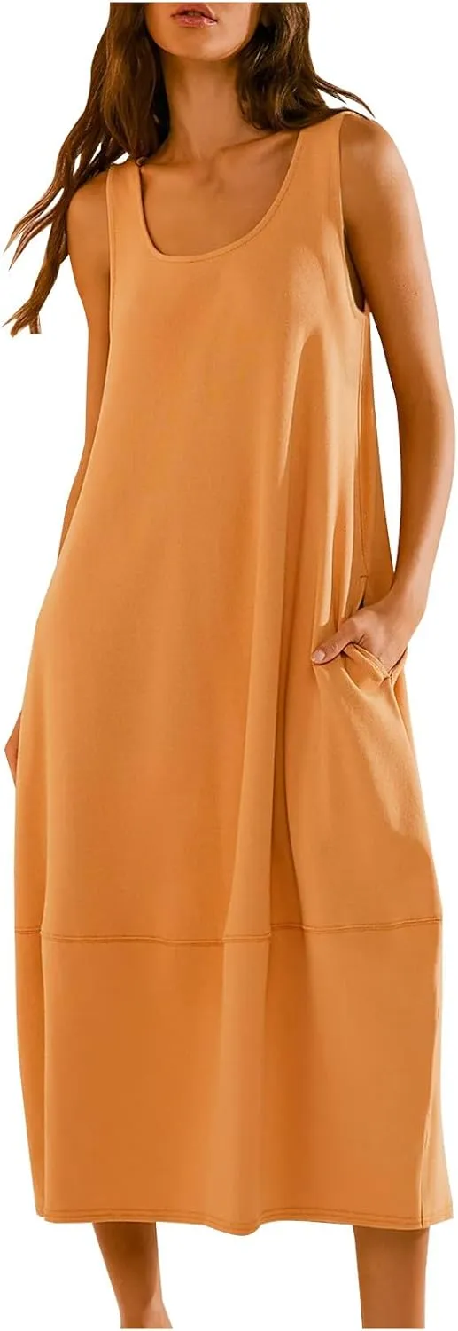 Midi Tank Dress with Pockets for Women Loose Scoop Neck Sleeveless Low Back Tshirt Dress Summer Casual Beach Sundresses