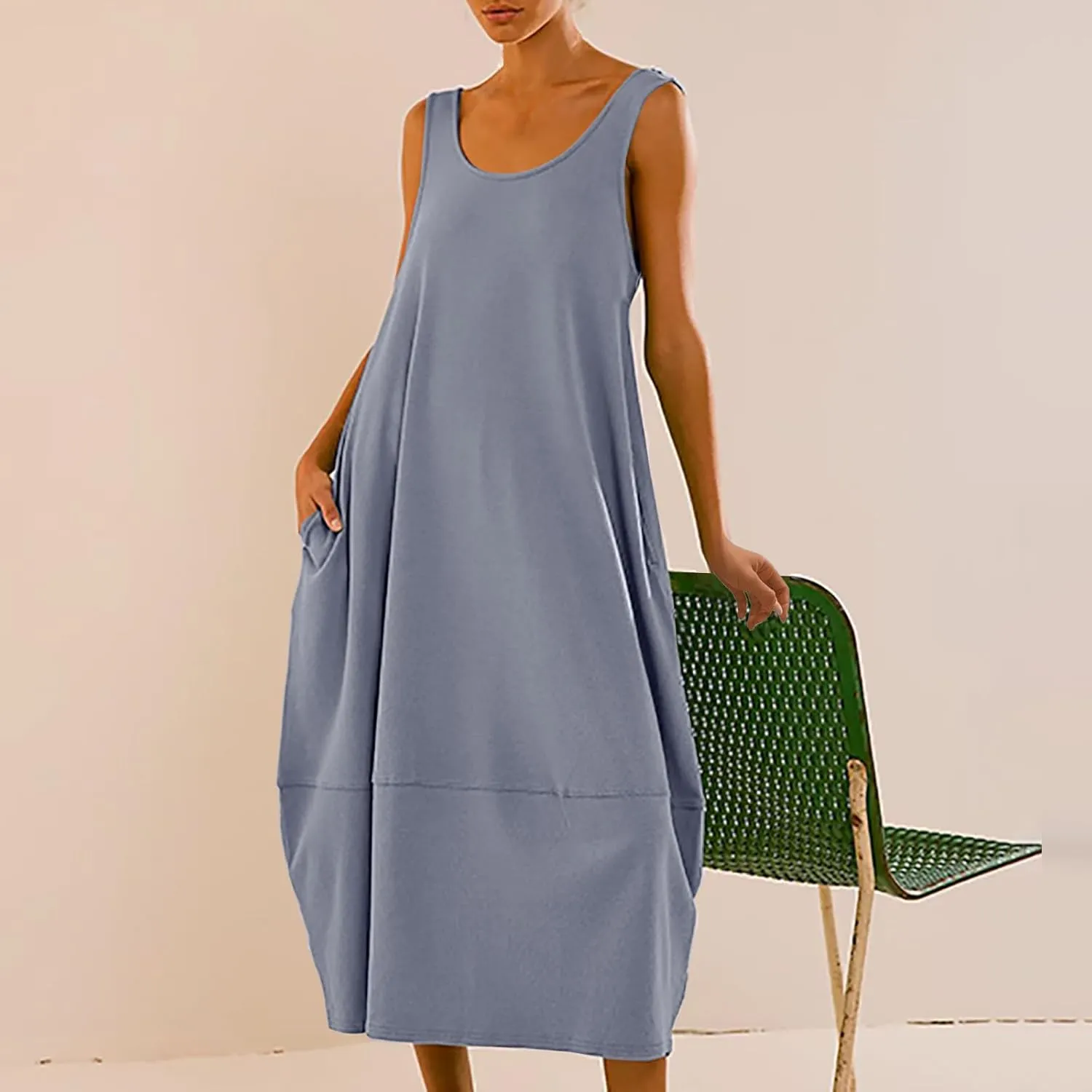 Midi Tank Dress with Pockets for Women Loose Scoop Neck Sleeveless Low Back Tshirt Dress Summer Casual Beach Sundresses