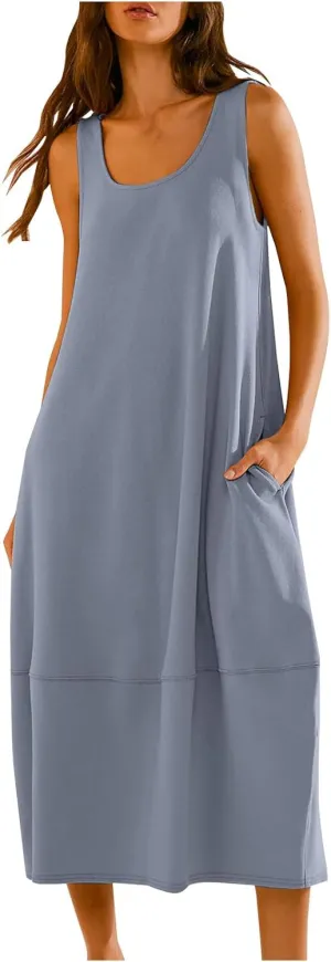 Midi Tank Dress with Pockets for Women Loose Scoop Neck Sleeveless Low Back Tshirt Dress Summer Casual Beach Sundresses