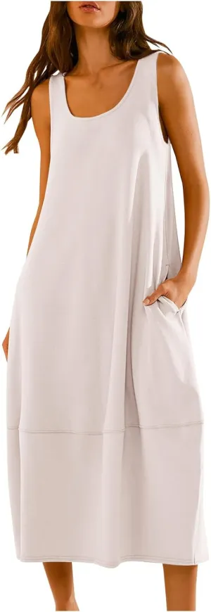 Midi Tank Dress with Pockets for Women Loose Scoop Neck Sleeveless Low Back Tshirt Dress Summer Casual Beach Sundresses