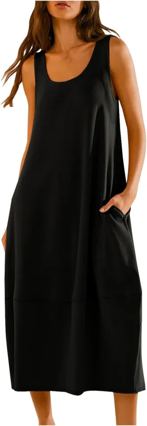 Midi Tank Dress with Pockets for Women Loose Scoop Neck Sleeveless Low Back Tshirt Dress Summer Casual Beach Sundresses