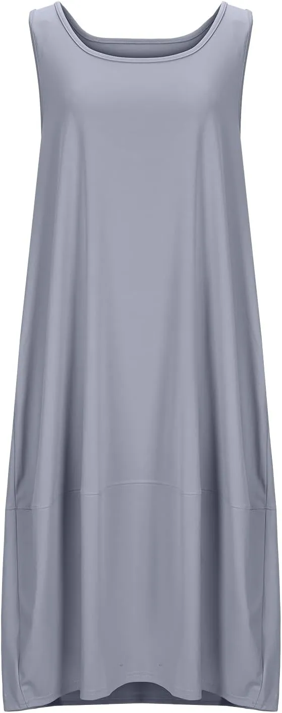 Midi Tank Dress with Pockets for Women Loose Scoop Neck Sleeveless Low Back Tshirt Dress Summer Casual Beach Sundresses