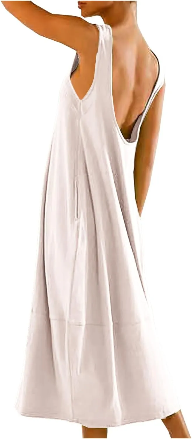 Midi Tank Dress with Pockets for Women Loose Scoop Neck Sleeveless Low Back Tshirt Dress Summer Casual Beach Sundresses