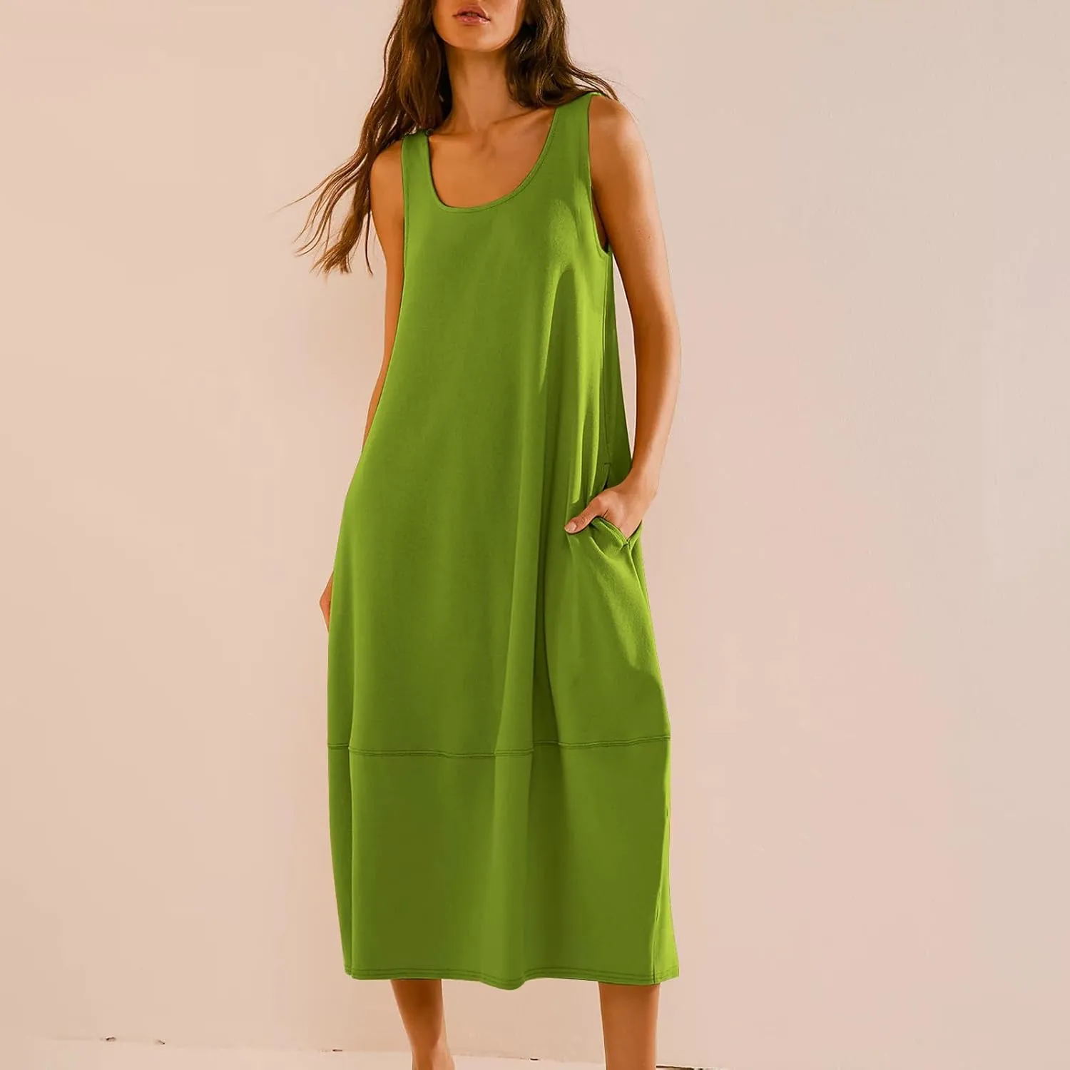 Midi Tank Dress with Pockets for Women Loose Scoop Neck Sleeveless Low Back Tshirt Dress Summer Casual Beach Sundresses
