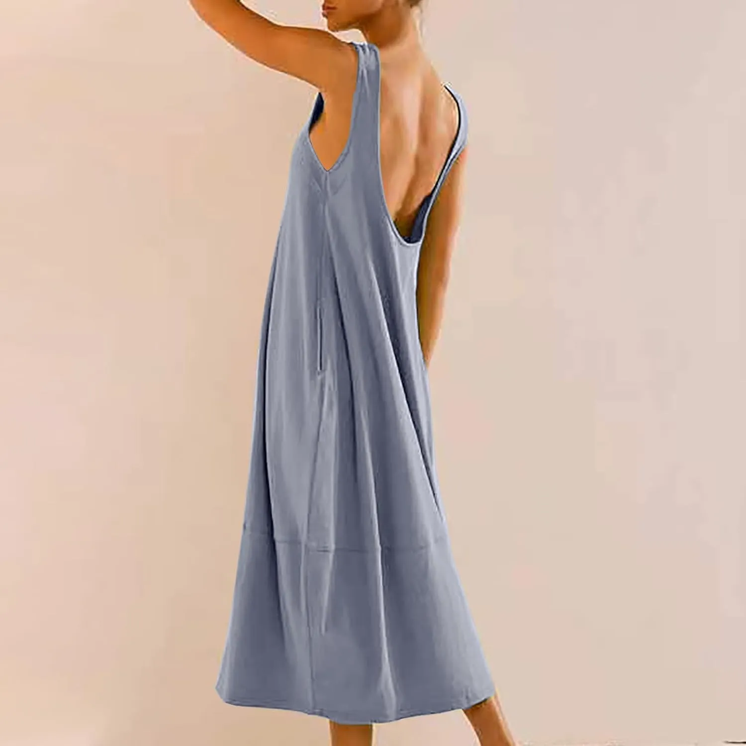 Midi Tank Dress with Pockets for Women Loose Scoop Neck Sleeveless Low Back Tshirt Dress Summer Casual Beach Sundresses
