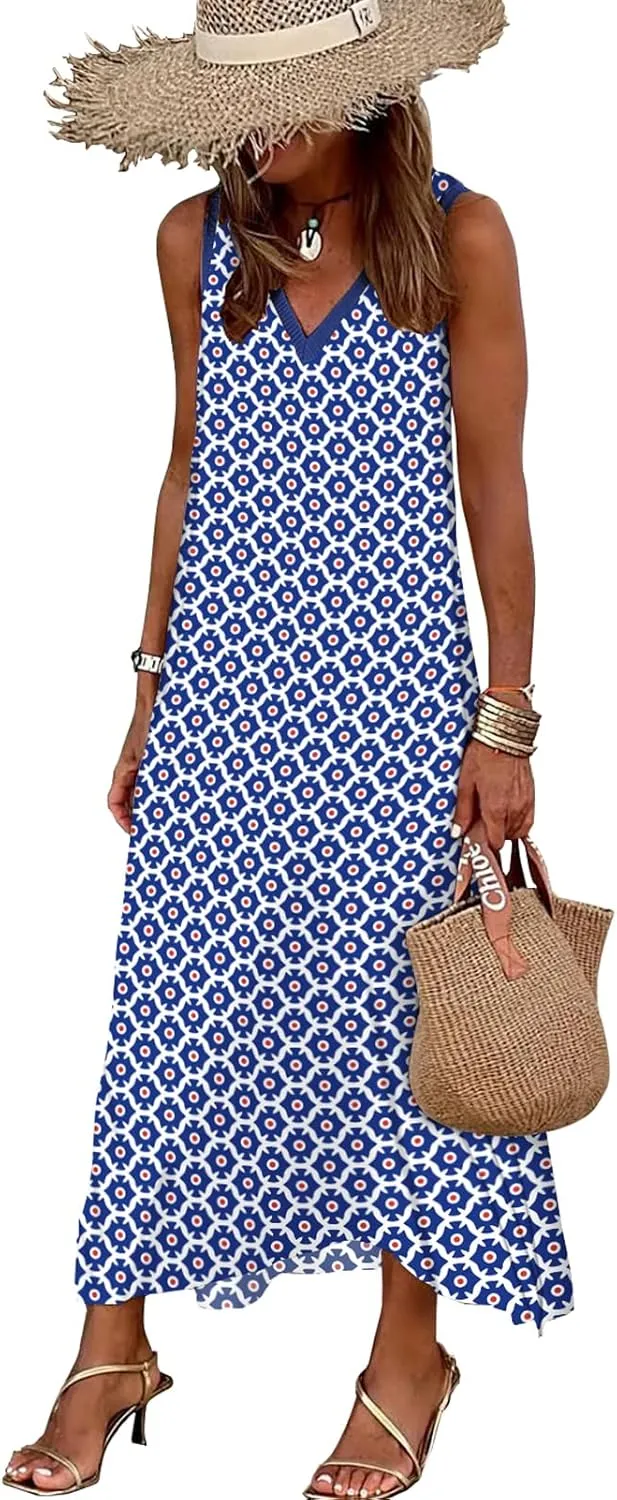 miduo Womens Casual Summer V Neck Sleeveless Floral Printed Beach Split Maxi Dress Sundress