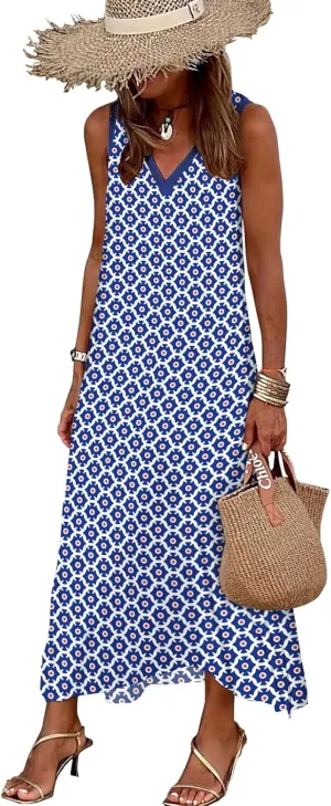 miduo Womens Casual Summer V Neck Sleeveless Floral Printed Beach Split Maxi Dress Sundress