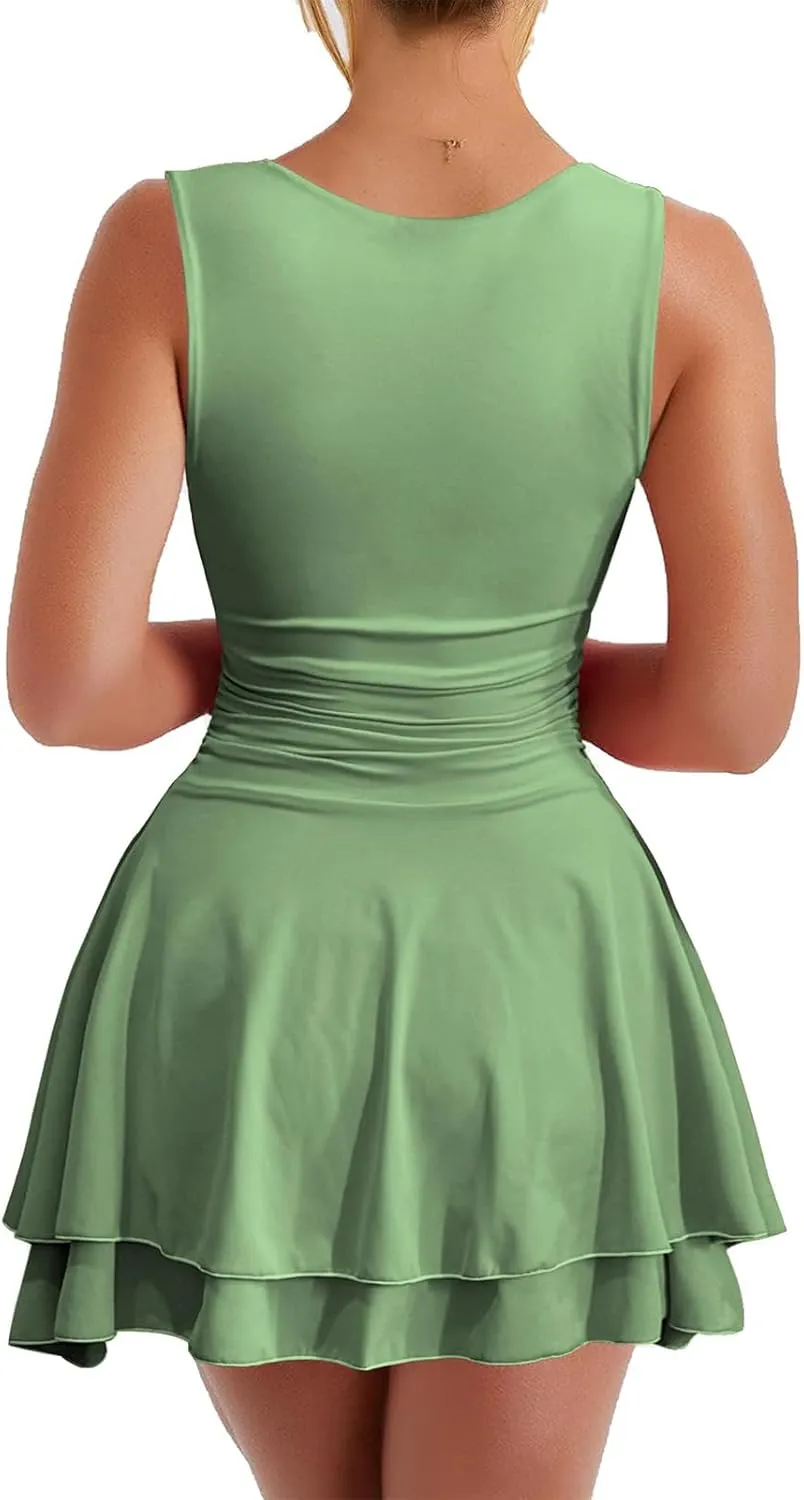 Mini Dresses for Women Sleeveless Squared Neck Dress Ruffle Waist Sundress Summer Beach Vacation Sundress 2025