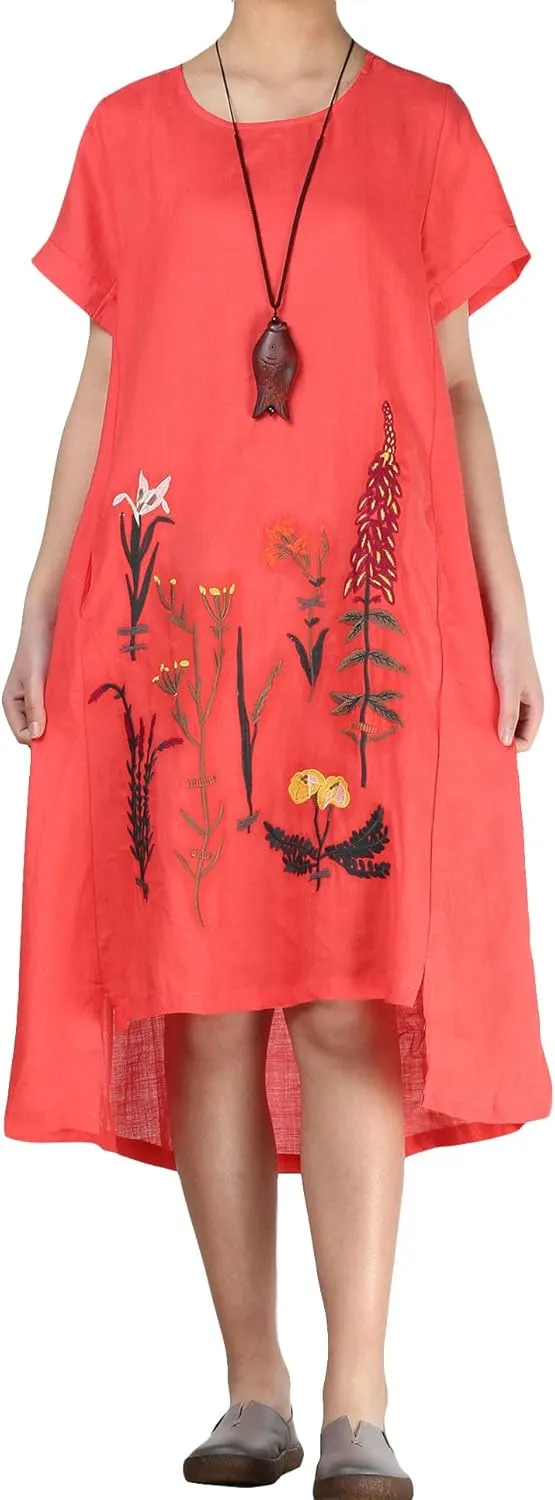 Minibee Women's Embroidered Linen Dress Summer A-Line Sundress Hi Low Tunic Clothing