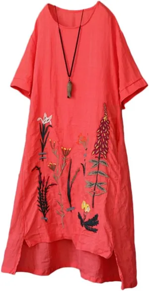 Minibee Women's Embroidered Linen Dress Summer A-Line Sundress Hi Low Tunic Clothing