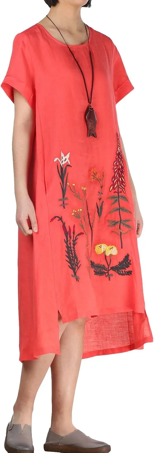 Minibee Women's Embroidered Linen Dress Summer A-Line Sundress Hi Low Tunic Clothing