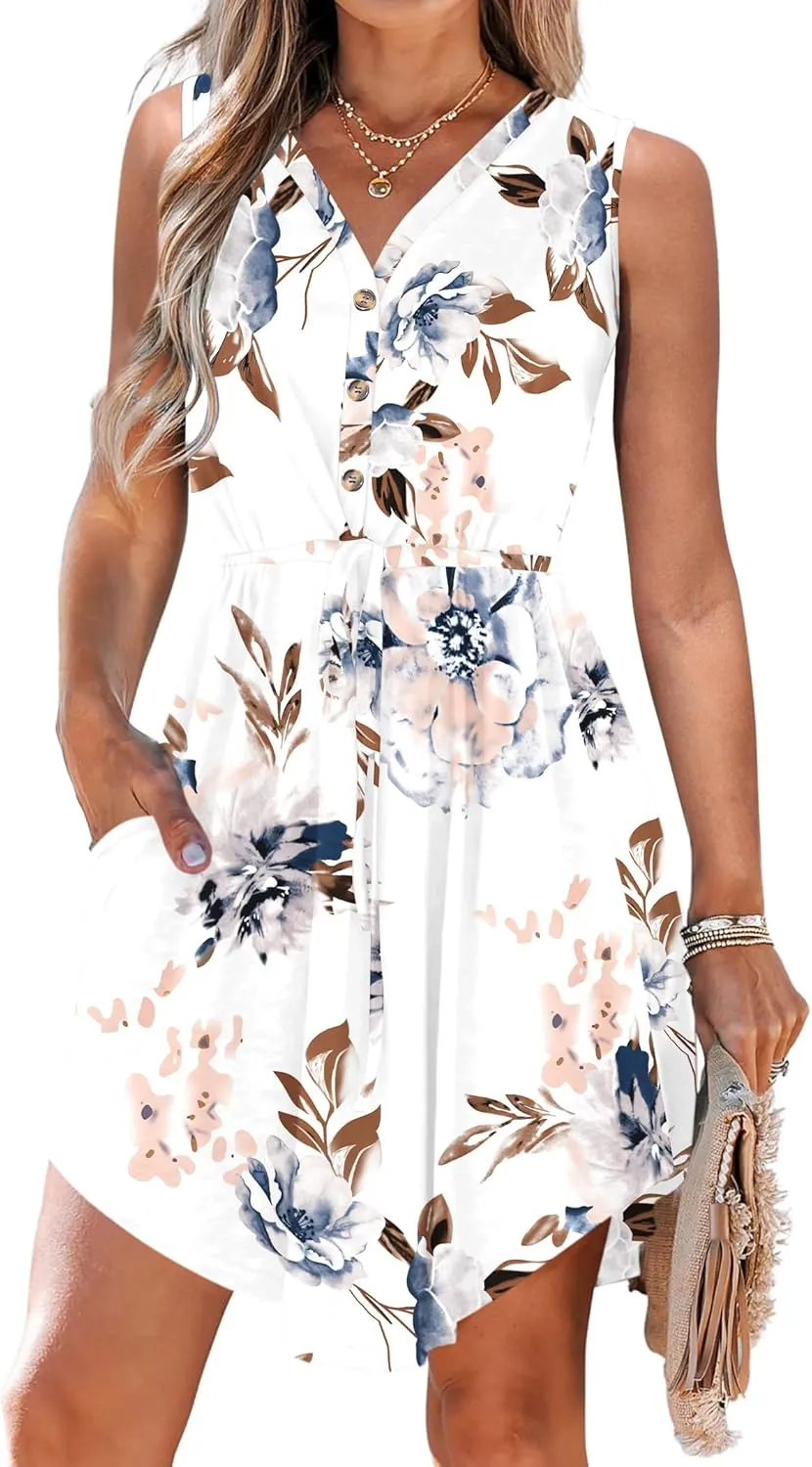 MISFAY Summer Dresses for Women 2025 Sleeveless Button Down Drawstring Floral Sundress Vacation
