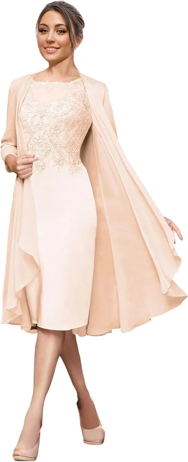 Mother of The Bride Dresses with Jacket Lace Wedding Guest Dresses for Women Tea Length Chiffon Evening Dress