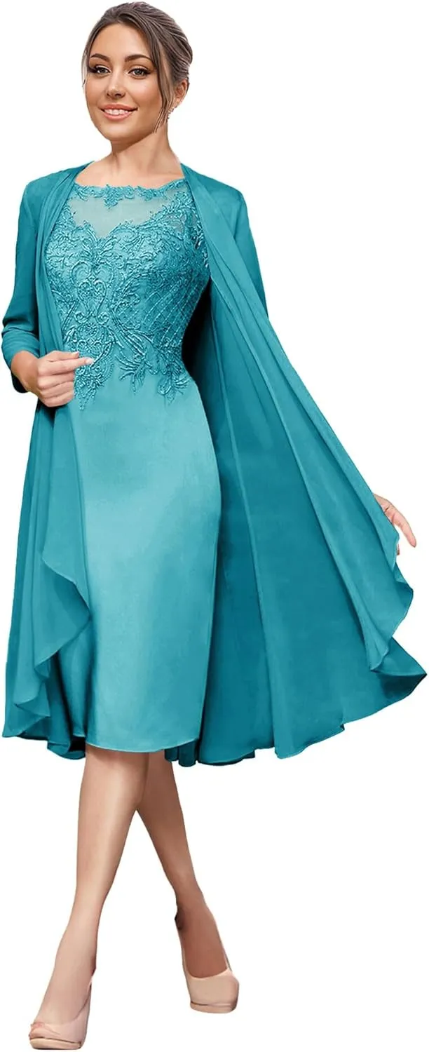 Mother of The Bride Dresses with Jacket Lace Wedding Guest Dresses for Women Tea Length Chiffon Evening Dress
