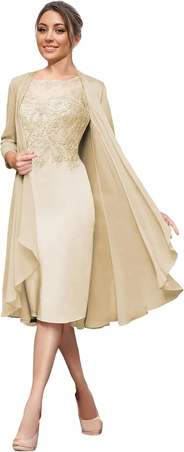 Mother of The Bride Dresses with Jacket Lace Wedding Guest Dresses for Women Tea Length Chiffon Evening Dress